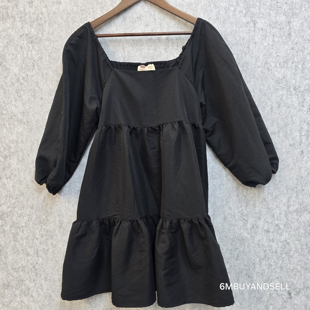Levi's Womens Black Tiered Babydoll Dress Smocked Back Long Sleeve Size Medium